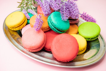 french macaron cakes composition with lavender flowers
