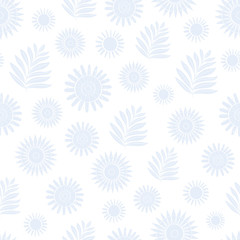 Fototapeta na wymiar Vector Light Blue Flowers and Leaves Scattered on a White Background. Background for textiles, cards, manufacturing, wallpapers, print, gift wrap and scrapbooking.