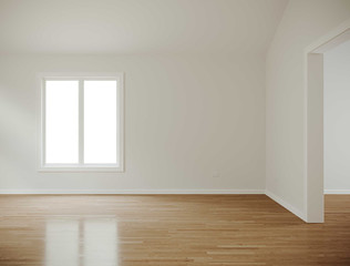 Empty apartment realistic interior wooden floor and white walls. 3d rendering image