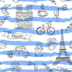 France , eiffel tower travel vector seamless pattern on white  background. Concept for print, cards, wallpapers, textile