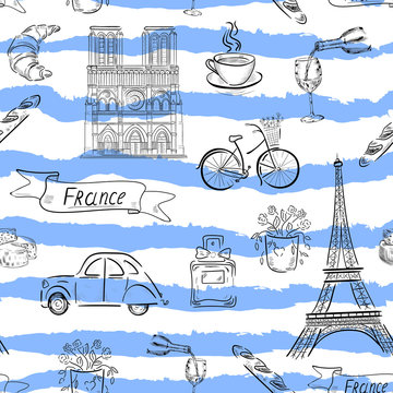 France , eiffel tower travel vector seamless pattern on white  background. Concept for print, cards, wallpapers, textile
