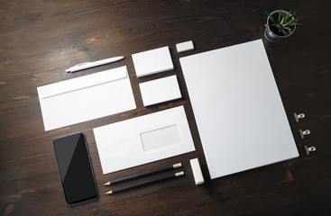 Blank branding stationery set on wood table background. Template for placing your design. Branding...