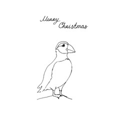 Polar arctic puffin with Merry Christmas letters. Black outline on white background. Picture can be used in greeting cards, posters, flyers, banners, logo, further design etc. Vector illustration