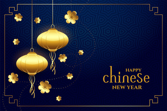 Chinese New Year Blue And Golden Theme Background