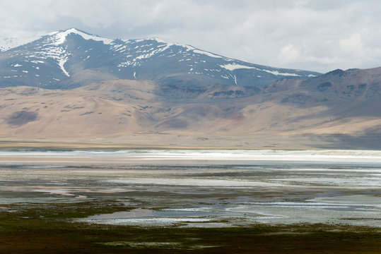 Ladakh, India - Jul 12 2019 - Tso Kar Lake in Ladakh, Jammu and Kashmir, India.  is a fluctuating salt lake situated in the Rupshu Plateau and valley in the southern part of Ladakh in India.