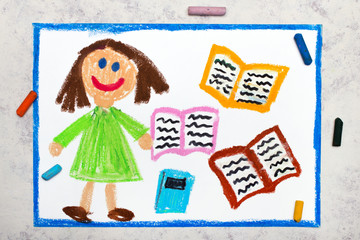 Obraz na płótnie Canvas Photo of colorful drawing: Smiling young girl with open books. The schoolgirl reads books and learns