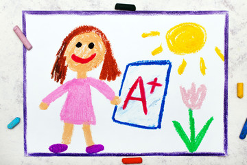 Obraz na płótnie Canvas School grades. Happy student with exam or test result.Girl holding report card with A+ grade. Photo of colorful hand drawing.