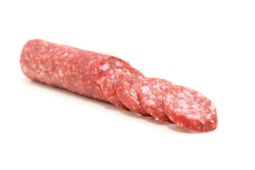 smoked salami sausage on a white background
