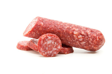 smoked salami sausage on a white background