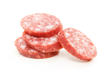 salami slices isolated on white background