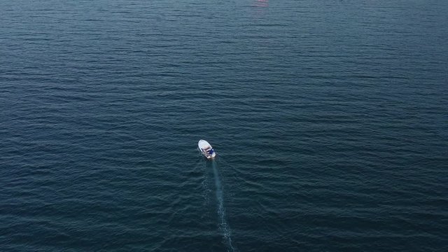 a small white dory makes a slight zag crossing deep open water, aerial