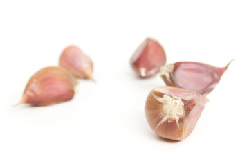 many garlic cloves on a white background