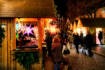 Idyllic christmas market with stalls in the old town of Michelstadt, Odenwald
