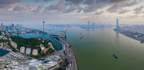 Panoramic aerial view of the Great Bay Area of Macao, Zhuhai, China