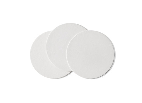 Photo of three blank beer coasters. Isolated on white background. Flat lay.