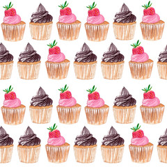 Seamless pattern with watercolor illustration chocolate cupcake and strawberry cupcake