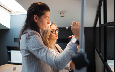 Teamwork, project management, agile methodology. Two young business women in the office are working on a startup.