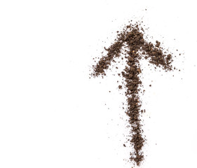 Arrow pointing up made of soil on white background.