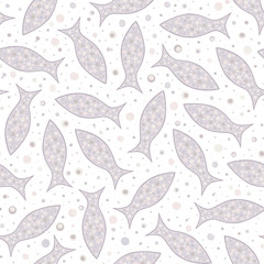 Vector seamless pattern with hand drawn geometric fishes.