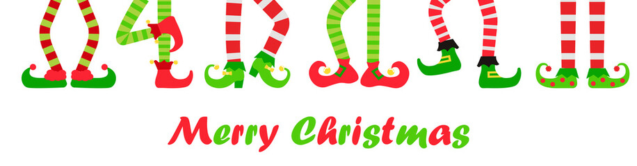 Merry Christmas background or banner with elf feet set, vector illustration. Collection of cute elves legs, boots. Santa helpers shoes and pants. Isolated on white background