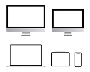 realistic blank Computer monitor, smartphone, laptop and tablet pc screen design. Mobile phone smart digital device set collection. vector illustration isolated on white background.