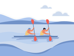 Two guys in a boat floating on the river. Vector illustration in flat design style, the concept of water sports, boating.
