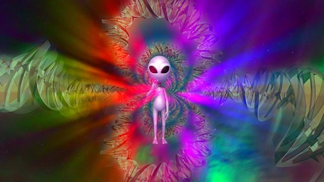 Funny alien waving. DNA strands on background