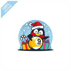 billiard 9 ball santa hat with cartoon christmas penguin logo vector	
