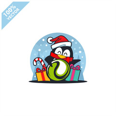 Tennis ball santa hat with cartoon christmas penguin logo vector	