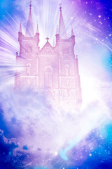 cathedral with gate and rays of light like spiritual, angelic. religious, mystic background