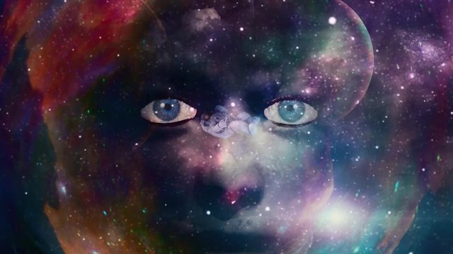 Woman face and astronaut in colorful space