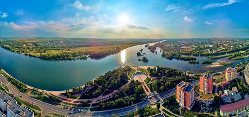 Beautiful futuristic panoramic (360 spherical panorama little planet) aerial drone view to city of Ust-Kamenogorsk (KZ: Oskemen), East Kazakhstan (Qazaqstan)