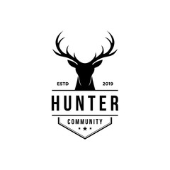 deer hunter logo, badge, emblem, label design template. vector illustration of deer head silhouette and arrow. hunter club, deer hunting symbol icon