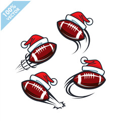 Football Rugby ball with santa hat christmas theme set of 4 logo vector	