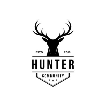 deer hunter logo, badge, emblem, label design template. vector illustration of deer head silhouette and arrow. hunter club, deer hunting symbol icon