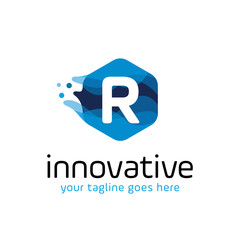 modern letter R technology logo design vector with hexagon and blue wave motion concept. multimedia, digital, innovation, creative industry symbol icon