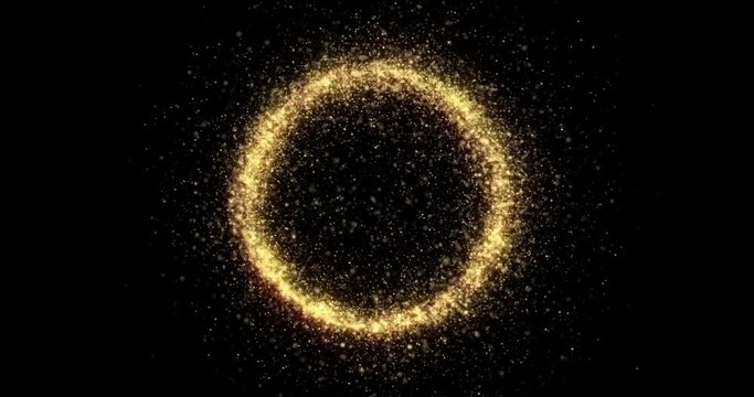 Gold glitter circle with glittering light shine sparkles frame on black background for Christmas holiday. Abstract magic glow of shimmering confetti and firework glittering sparks trail