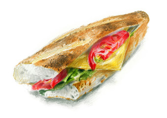 サンドイッチを色鉛筆で描いたイラストです。This illustration is a Sandwich. I drew with colored pencils.