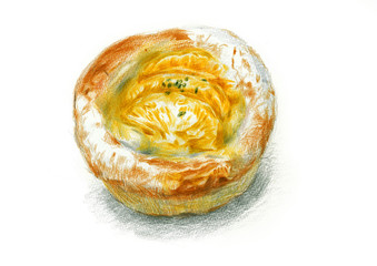 フルーツパンを色鉛筆で描いたイラストです。This illustration is a Viennoiserie. I drew with colored pencils.