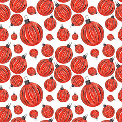 Watercolor seamless background festive composition with the image of bright poinsettias, Christmas toys and bows