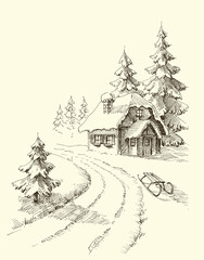 Nature in winter season, pine trees and a house in the snowy landscape