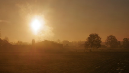 Fototapeta na wymiar foggy sunrise farm