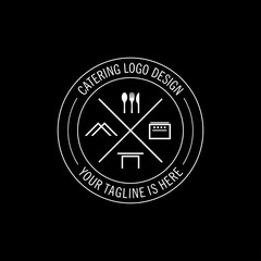 catering badge logo design vector template. catering logo with cooking/catering equipment, spoon and fork icon, tent icon, table icon, and stove icon concept design