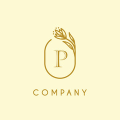 luxury monogram letter P logotype with flower icon concept. premium elegant alphabet/initial frame design vector. beauty industry, cosmetics, salon, boutique, company, corporate symbol icon
