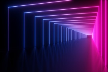 3d illustration, glowing lines, tunnel, neon lights, virtual reality, abstract background