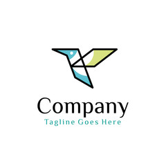 flying bird logo design template with linear/line art concept style. vector illustration of bird in outline style