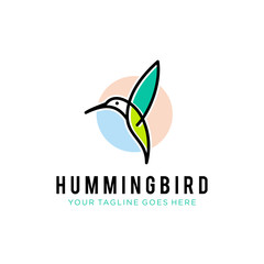 flying bird logo design template with linear concept style. vector illustration of hummingbird/colibri in outline, monoline style