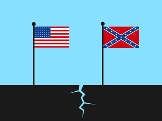 Collapse of United States of America during American civil war - national flags as symbol of divided country into Union and Confederacy. Vector illustration. 