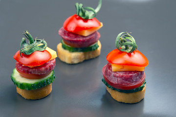 light sandwiches made of vegetables, cheese and sausages. fast food and breakfast