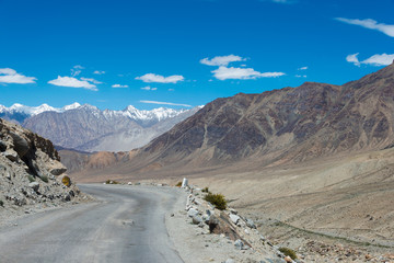 Ladakh, India - Jul 20 2019 - Beautiful scenic view from Between Diskit and Khardung La Pass (5359m) in Nubra Valley, Ladakh, Jammu and Kashmir, India.